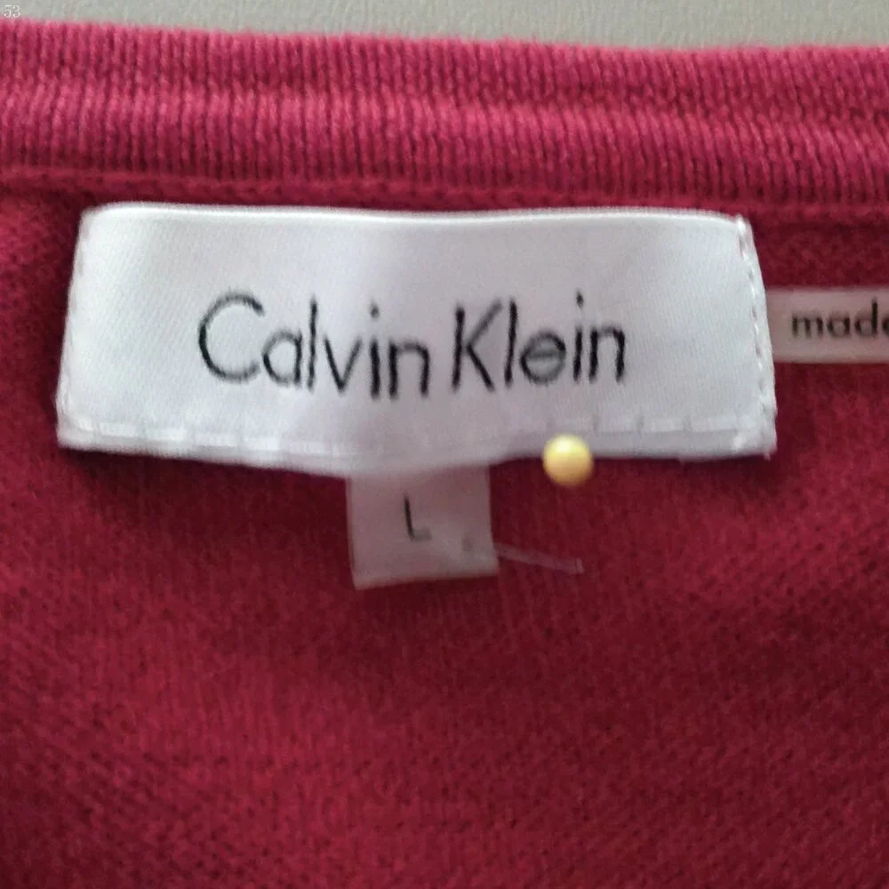 CALVIN KLEIN Long Sleeve Button-Up Cardigan Red Sweater Adorned /Gold Sparkles L